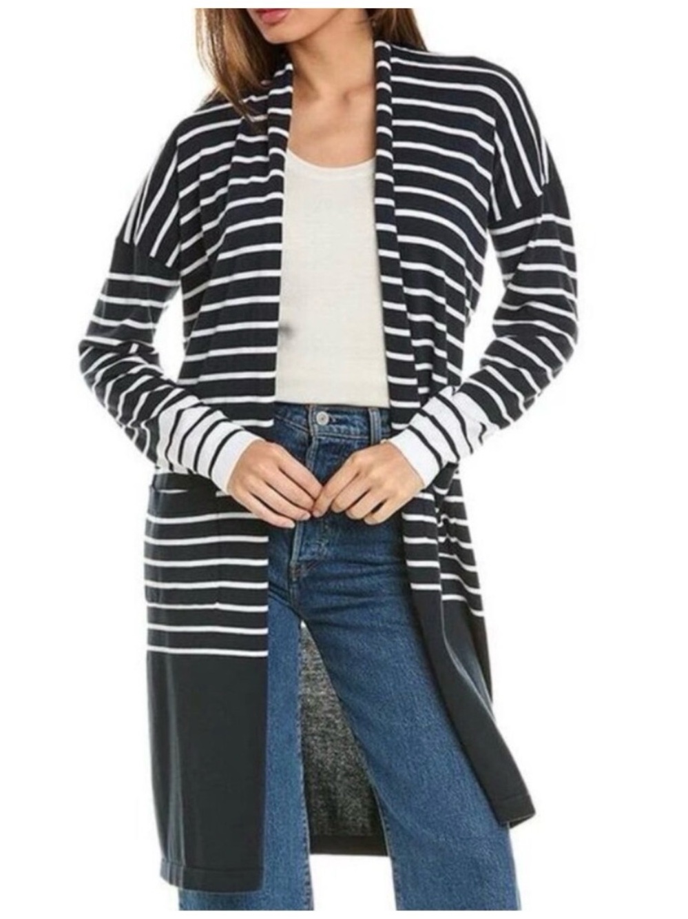 CABI BOATHOUSE LONG OPEN FRONT CARDIGAN STRIPED NAUTICAL SMALL NEW NIO TAGS